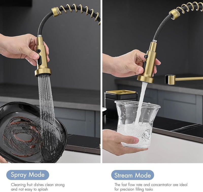 AIMADI Gold Kitchen Faucet with Pull Down Sprayer,Commercial Single Handle Brushed Gold Kitchen Sink Faucet with Deck Plate - Image 1