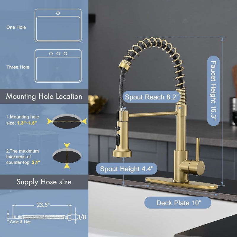 AIMADI Gold Kitchen Faucet with Pull Down Sprayer,Commercial Single Handle Brushed Gold Kitchen Sink Faucet with Deck Plate - Image 5