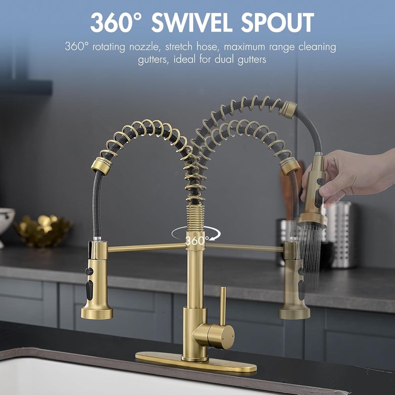 AIMADI Gold Kitchen Faucet with Pull Down Sprayer,Commercial Single Handle Brushed Gold Kitchen Sink Faucet with Deck Plate - Image 2