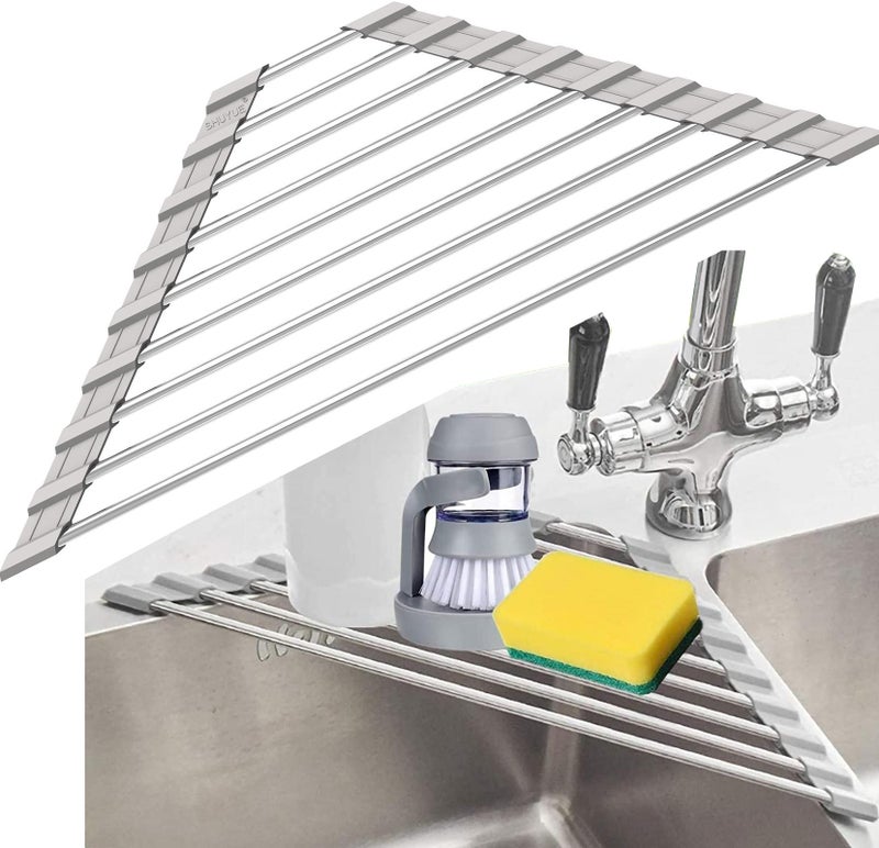 SHUYUE Triangle Dish Drying Rack for Sink Corner Roll Up Folding Stainless Steel Multipurpose Over The Sink Dish Drainer Mat for Kitchen Grey