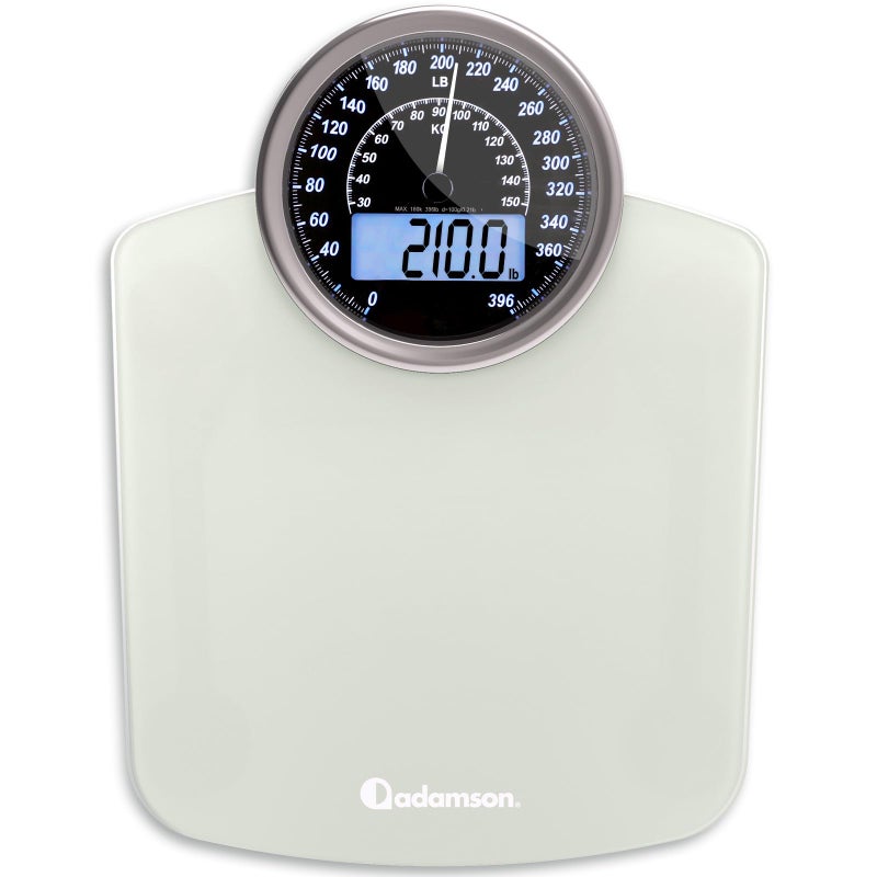Adamson Hybrid 2-in-1 Analog & Digital Weighing Scale for Body Weight up to 400lbs + Thick Tempered Glass + Extra Large Display + Easy to Read Digital Bathroom Scale + New - White - Image 1