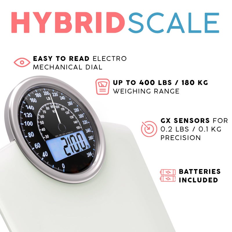 Adamson Hybrid 2-in-1 Analog & Digital Weighing Scale for Body Weight up to 400lbs + Thick Tempered Glass + Extra Large Display + Easy to Read Digital Bathroom Scale + New - White - Image 2