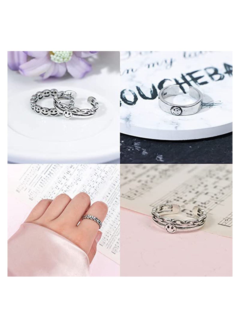Excefore 3 Pcs Smiley Face Ring Set, Adjustable Vintage Silver Smiling Happy Funny Rings Adjustable Open Knuckle Ring Smiling Face Rings for Women Men  - Image 4