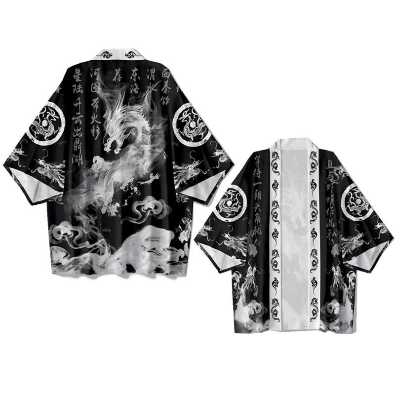 Sale Chinese Style Dragon Totem Cape National Trend Personalized Feather Cardigan Kimono Cape Three-Quarter Sleeve Robe For Men - Image 1