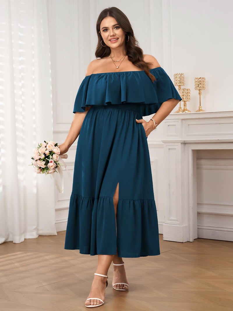 SCOMCHIC Womens Plus Size Wedding Guest Cocktail Dresses Off The Shoulder Smocked Waist Ruffle Slit Maxi Dress Lake Blue - Image 2