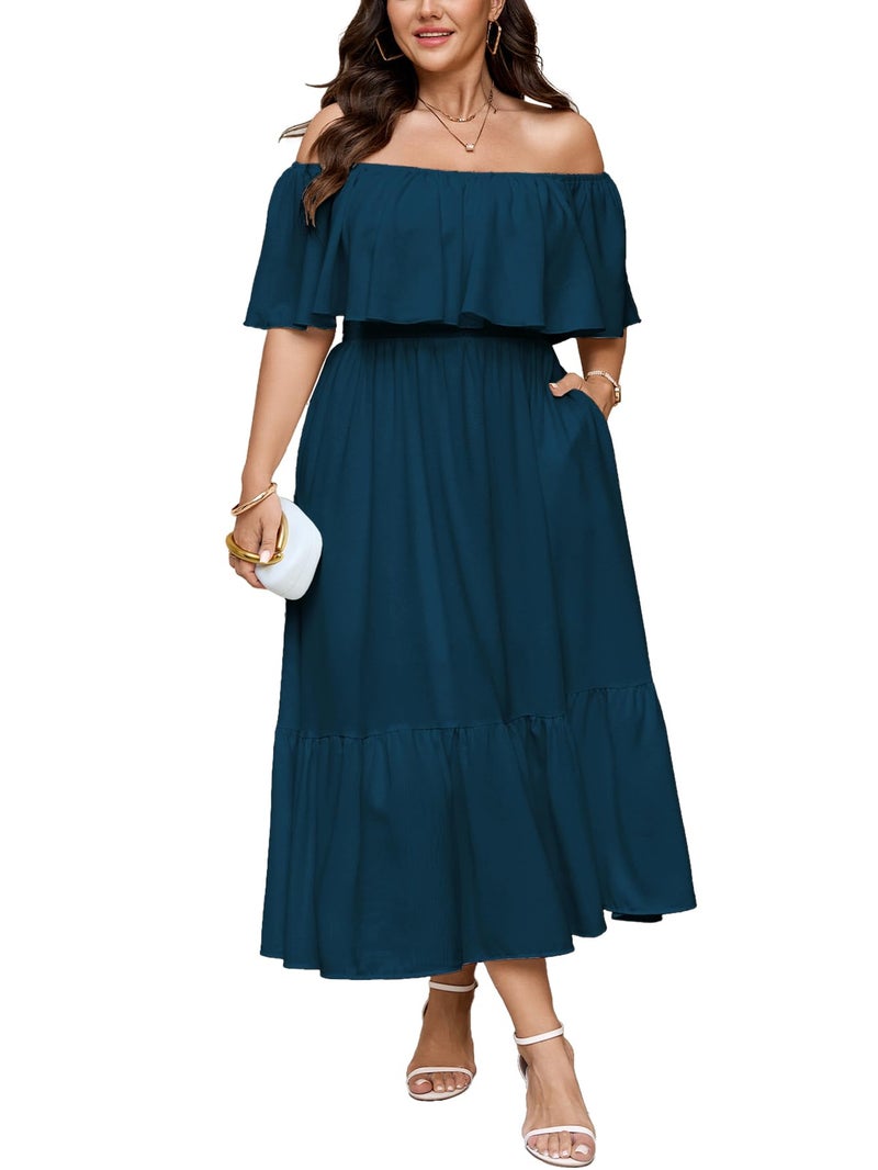 SCOMCHIC Womens Plus Size Wedding Guest Cocktail Dresses Off The Shoulder Smocked Waist Ruffle Slit Maxi Dress Lake Blue - Image 1