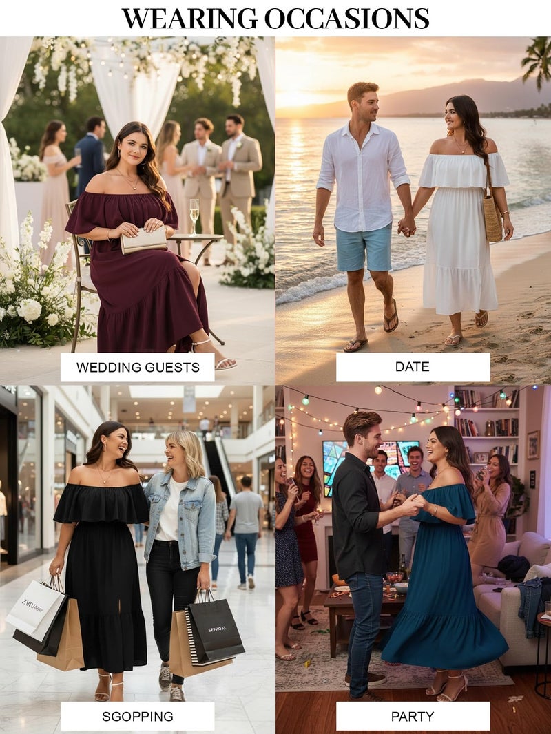 SCOMCHIC Womens Plus Size Wedding Guest Cocktail Dresses Off The Shoulder Smocked Waist Ruffle Slit Maxi Dress Lake Blue - Image 5