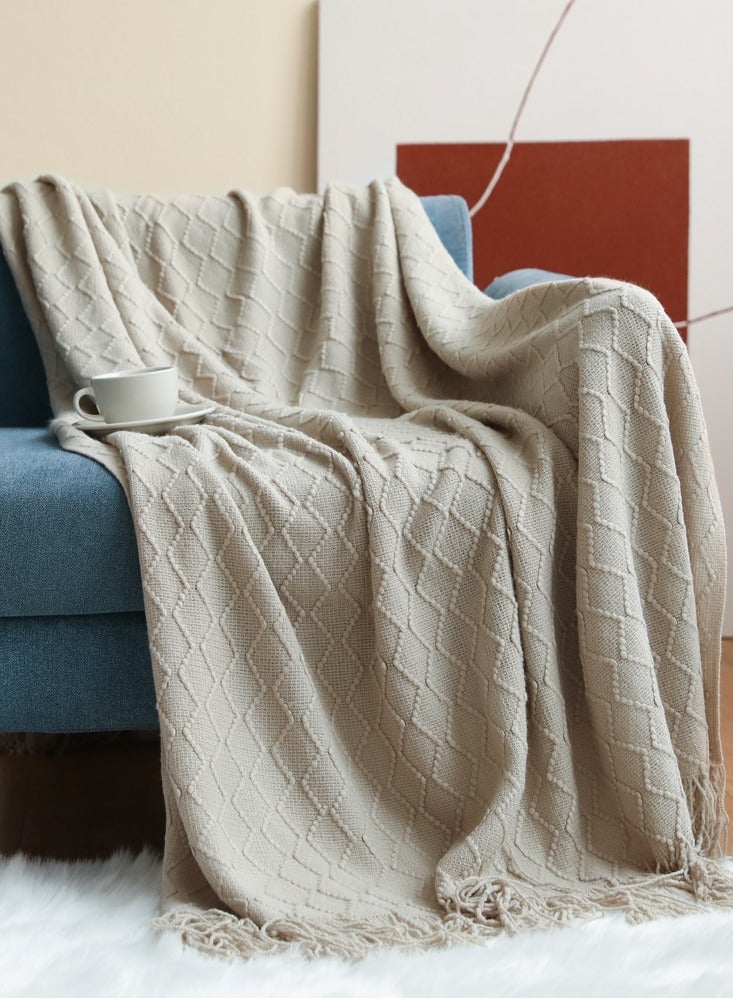 إسكدنيا لون نقي شرابة تصميم محبوك بطانية لينة بني فاتح - Image 1