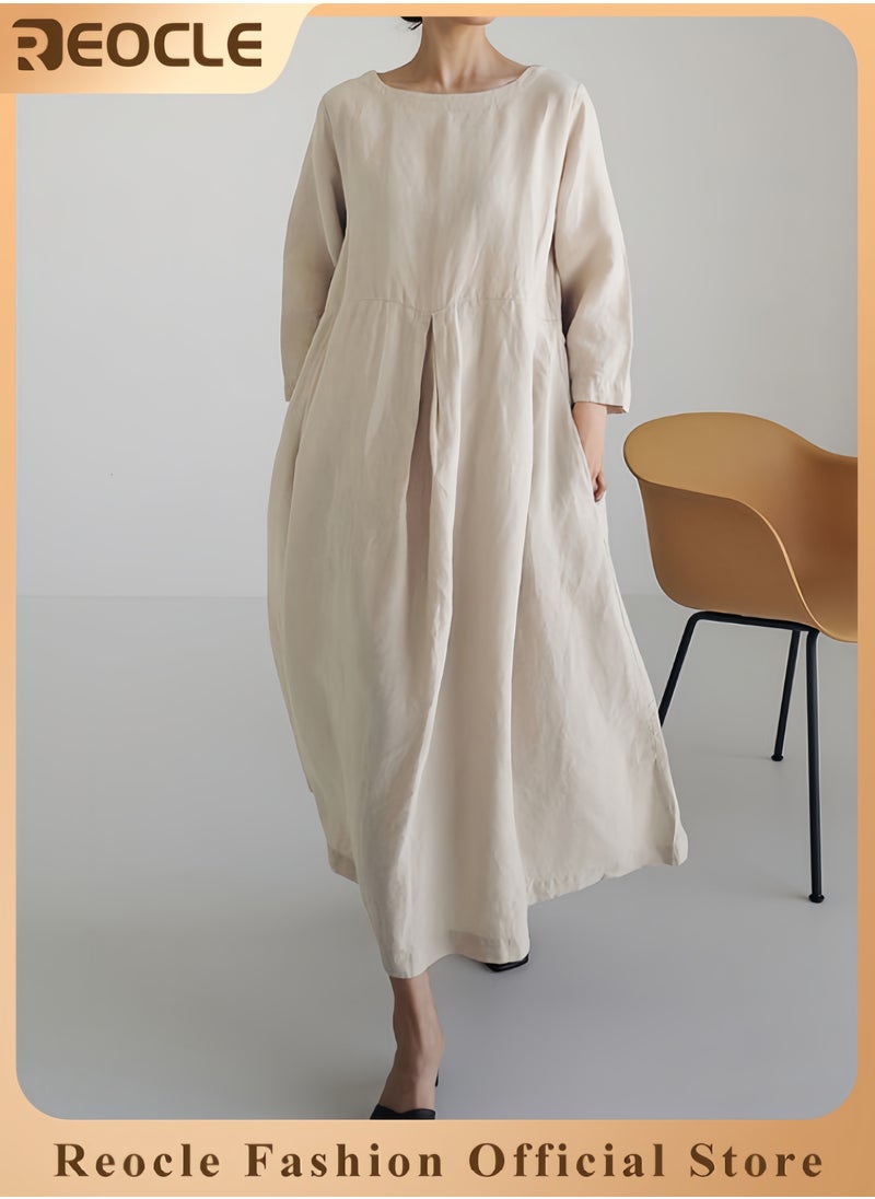 REOCLE Women's Plus Size Dress Solid Loose Long Maxi Dress Solid Color Cotton and Linen Round Neck Pullover Large Long Sleeve Dress Fall Dresses  - Image 1