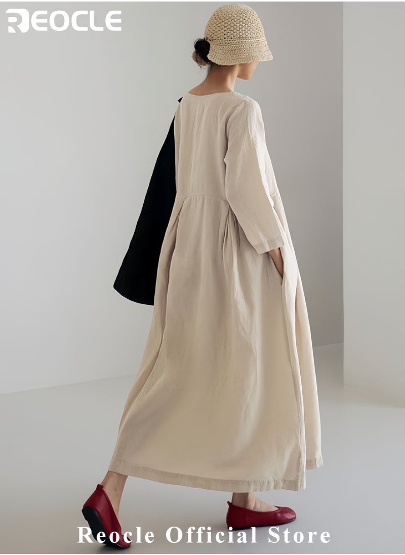 REOCLE Women's Plus Size Dress Solid Loose Long Maxi Dress Solid Color Cotton and Linen Round Neck Pullover Large Long Sleeve Dress Fall Dresses  - Image 2