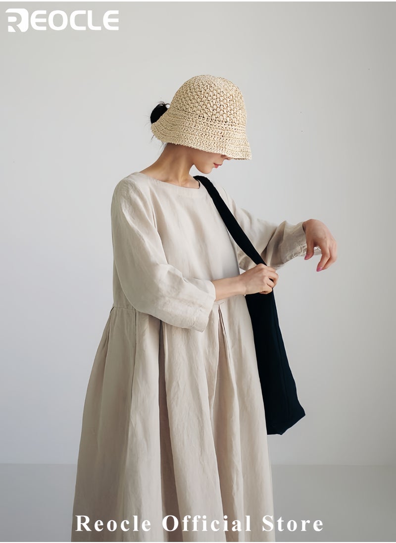 REOCLE Women's Plus Size Dress Solid Loose Long Maxi Dress Solid Color Cotton and Linen Round Neck Pullover Large Long Sleeve Dress Fall Dresses  - Image 5