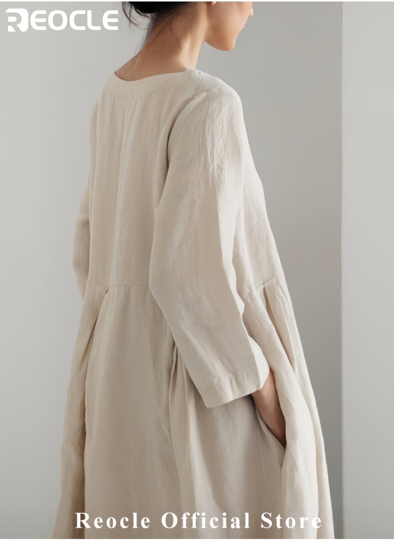 REOCLE Women's Plus Size Dress Solid Loose Long Maxi Dress Solid Color Cotton and Linen Round Neck Pullover Large Long Sleeve Dress Fall Dresses  - Image 4