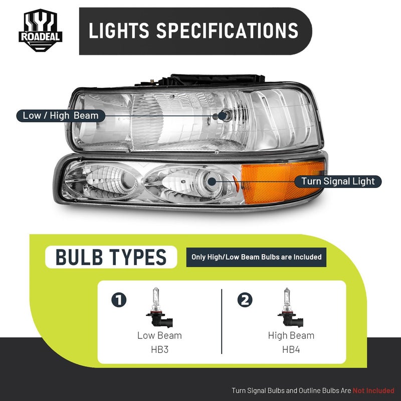 ROADEAL Headlights W/Bulbs for 1999-2002 Chevy Silverado 1500 2500, for 2001-2002 Silverado 1500HD 2500HD 3500, for 2000-2006 Tahoe Suburban with Bumper Parking Turn Signal Marker Lights, Pair Set - Image 3