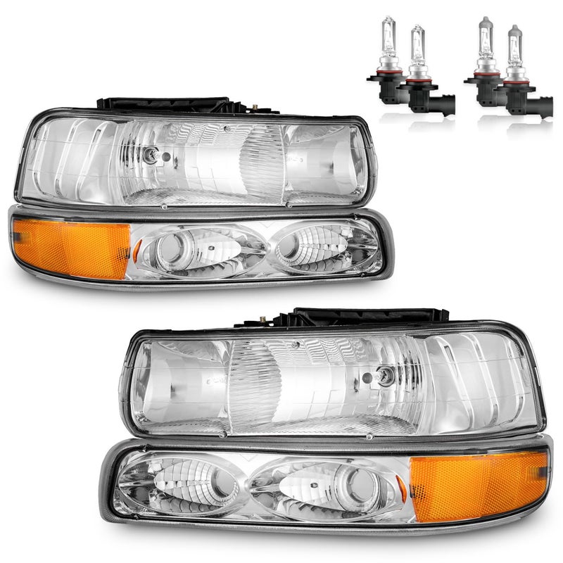 ROADEAL Headlights W/Bulbs for 1999-2002 Chevy Silverado 1500 2500, for 2001-2002 Silverado 1500HD 2500HD 3500, for 2000-2006 Tahoe Suburban with Bumper Parking Turn Signal Marker Lights, Pair Set - Image 1