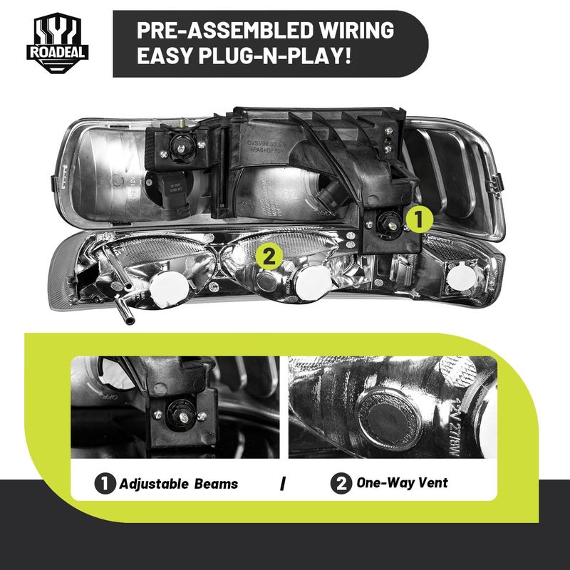 ROADEAL Headlights W/Bulbs for 1999-2002 Chevy Silverado 1500 2500, for 2001-2002 Silverado 1500HD 2500HD 3500, for 2000-2006 Tahoe Suburban with Bumper Parking Turn Signal Marker Lights, Pair Set - Image 4
