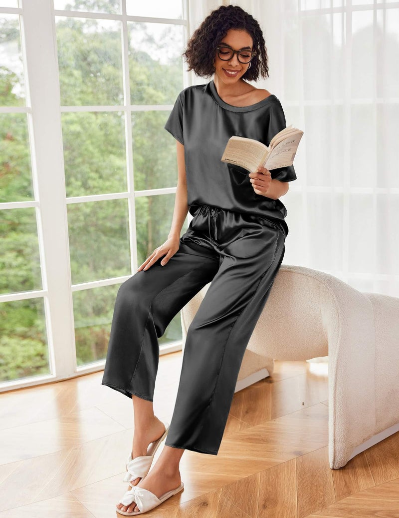 Ekouaer Lounge Sets for Women Summer Pjs Silk Pajama Set Satin Pajamas Pajama Sets 2 Piece Shorts Sleeve Sleepwear Black XL - Image 4