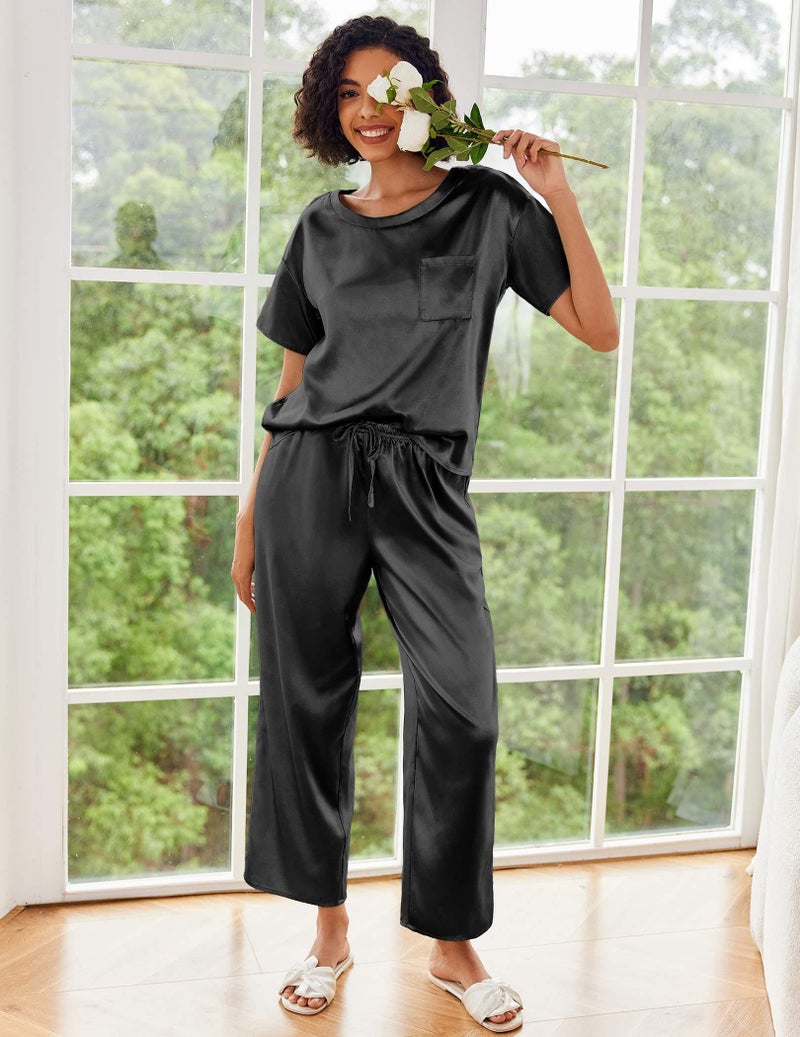Ekouaer Lounge Sets for Women Summer Pjs Silk Pajama Set Satin Pajamas Pajama Sets 2 Piece Shorts Sleeve Sleepwear Black XL - Image 3