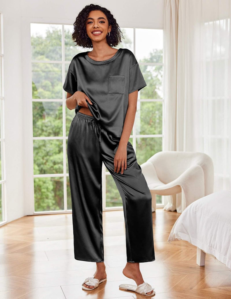 Ekouaer Lounge Sets for Women Summer Pjs Silk Pajama Set Satin Pajamas Pajama Sets 2 Piece Shorts Sleeve Sleepwear Black XL - Image 2