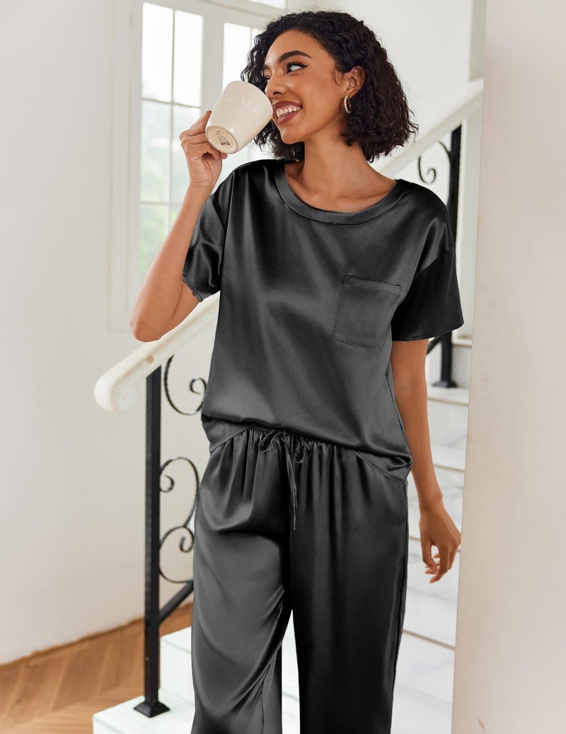 Ekouaer Lounge Sets for Women Summer Pjs Silk Pajama Set Satin Pajamas Pajama Sets 2 Piece Shorts Sleeve Sleepwear Black XL - Image 5
