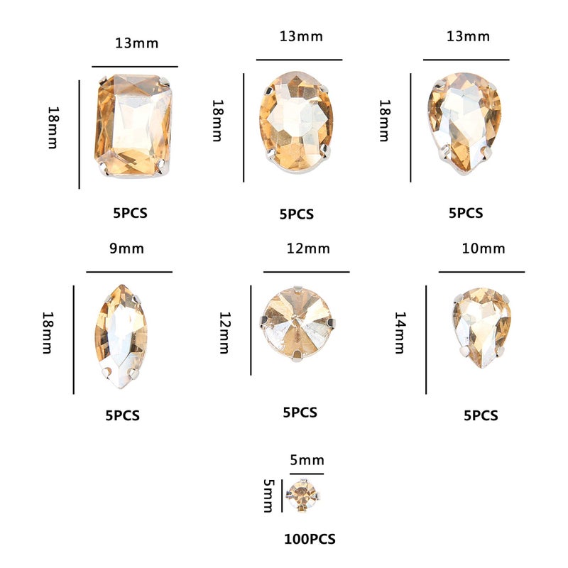 Choupee 130PCS Sew on Rhinestones in Metal Sewing Setting Sew on Jewel with Prong Champagne Sew on Glass Gems Claw Stones Mix Shape for Dress, Bag, Jeans, Clothes, Dance Costume, Shoes, Belt, Garment - Image 3