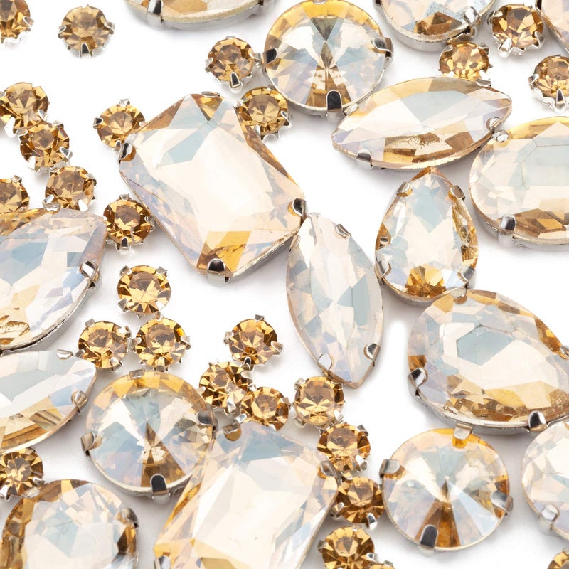 Choupee 130PCS Sew on Rhinestones in Metal Sewing Setting Sew on Jewel with Prong Champagne Sew on Glass Gems Claw Stones Mix Shape for Dress, Bag, Jeans, Clothes, Dance Costume, Shoes, Belt, Garment - Image 1