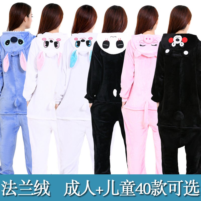Cartoon Cartoon White Rabbit Blue Rabbit Pink Rabbit Animal One-Piece Pajamas Men And Women Adult Children Flannel Homewear - Image 2