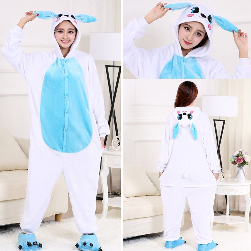 Cartoon Cartoon White Rabbit Blue Rabbit Pink Rabbit Animal One-Piece Pajamas Men And Women Adult Children Flannel Homewear - Image 1