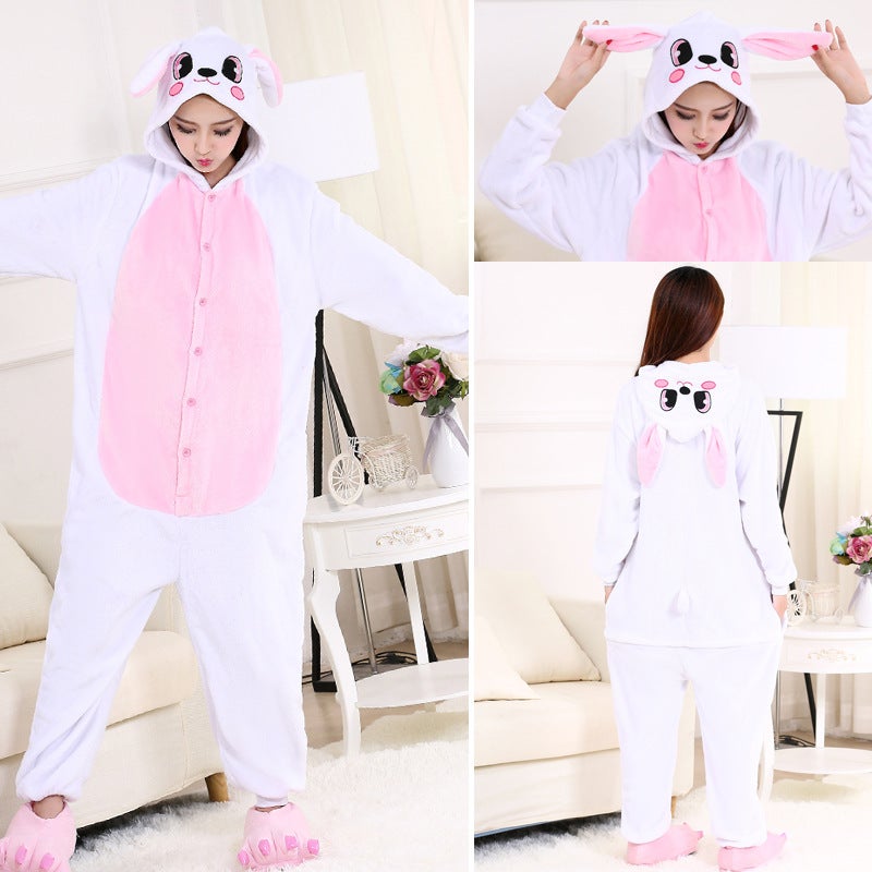 Cartoon Cartoon White Rabbit Blue Rabbit Pink Rabbit Animal One-Piece Pajamas Men And Women Adult Children Flannel Homewear - Image 3
