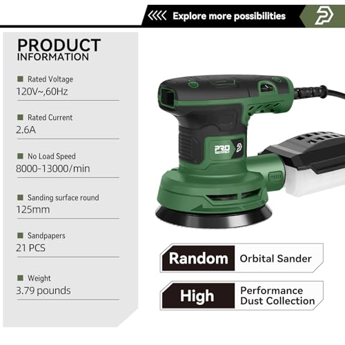 Prostormer 5-Inch Random Orbital Sander with 21PCS Sandpapers, 8000-13000RPM, 2.6AMP Palm Sander with 6 Variable Speeds, Dust Collection For Polishing, Sanding - Image 2