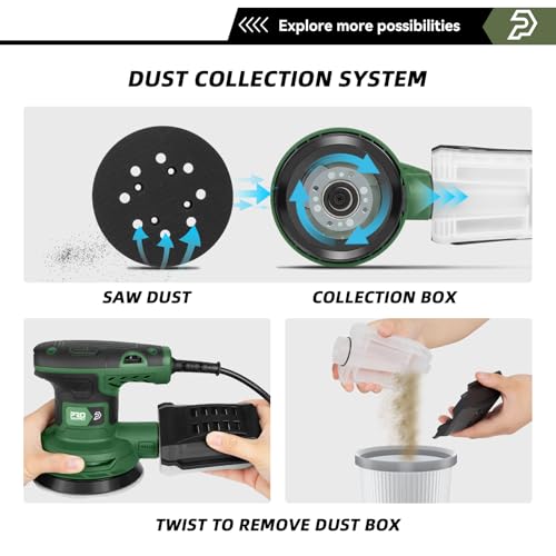 Prostormer 5-Inch Random Orbital Sander with 21PCS Sandpapers, 8000-13000RPM, 2.6AMP Palm Sander with 6 Variable Speeds, Dust Collection For Polishing, Sanding - Image 5