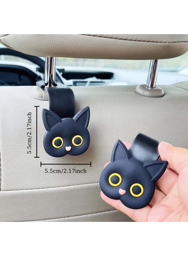2pcs 3D Cartoon Cat Black Car Seat Headrest Hook Hangers Hard ABS Durable Universal Vehicle Storage Organizer For Handbags Purses Coats Cute Automotive Accessories Playful Design Sturdy Construction - Image 2