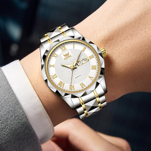 OPK Watch for Men Gold White Business Large Analog Quartz Stainless Steel Day Date Waterproof Luminous Casual Wrist Watches - Image 2