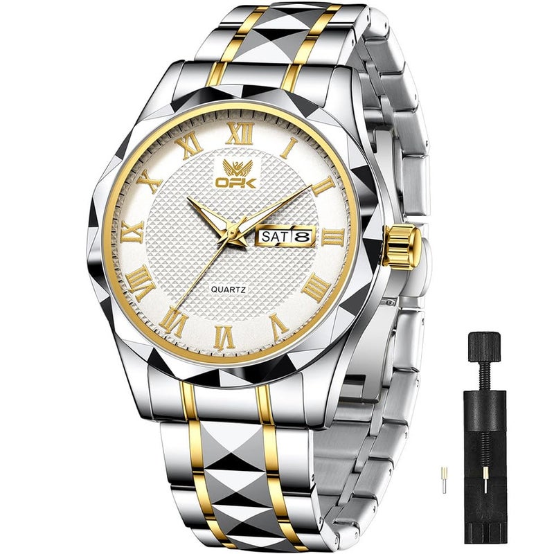 OPK Watch for Men Gold White Business Large Analog Quartz Stainless Steel Day Date Waterproof Luminous Casual Wrist Watches - Image 1