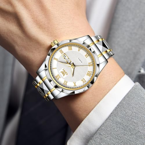 OPK Watch for Men Gold White Business Large Analog Quartz Stainless Steel Day Date Waterproof Luminous Casual Wrist Watches - Image 3