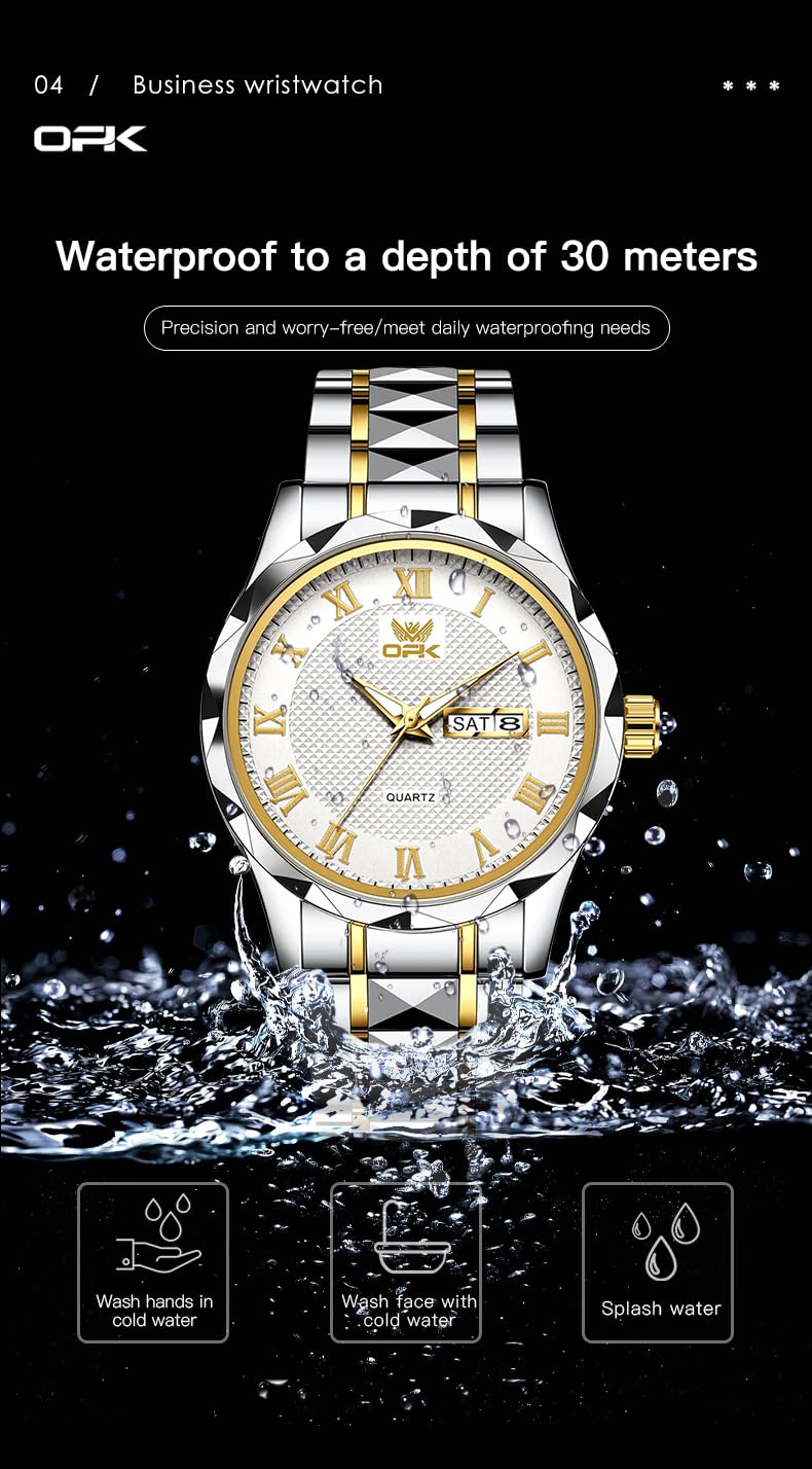 OPK Watch for Men Gold White Business Large Analog Quartz Stainless Steel Day Date Waterproof Luminous Casual Wrist Watches - Image 5
