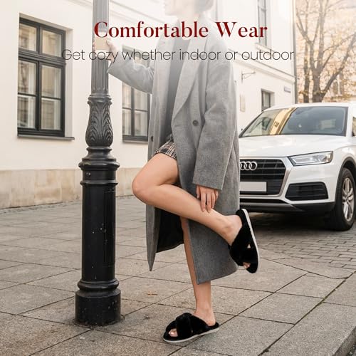 Ankis Women's Fuzzy Slippers Cross Band Memory Foam Open Toe Comfy Soft House Shoes Anti-Slip Indoor Outdoor Gifts for Women - Image 5