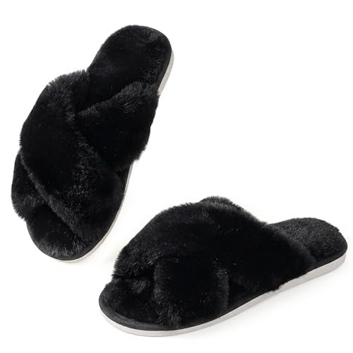 Ankis Women's Fuzzy Slippers Cross Band Memory Foam Open Toe Comfy Soft House Shoes Anti-Slip Indoor Outdoor Gifts for Women - Image 1