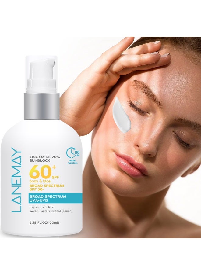 لينماي واقي شمس  بأكسيد الزنك 20% بعامل حماية 60+ SPF | واقي شمس معدني للوجه والجسم مع حماية واسعة النطاق من الأشعة فوق البنفسجية UVA/UVB | مقاوم للماء لمدة 80 دقيقة | تركيبة خفيفة الوزن غير دهنية - Image 1