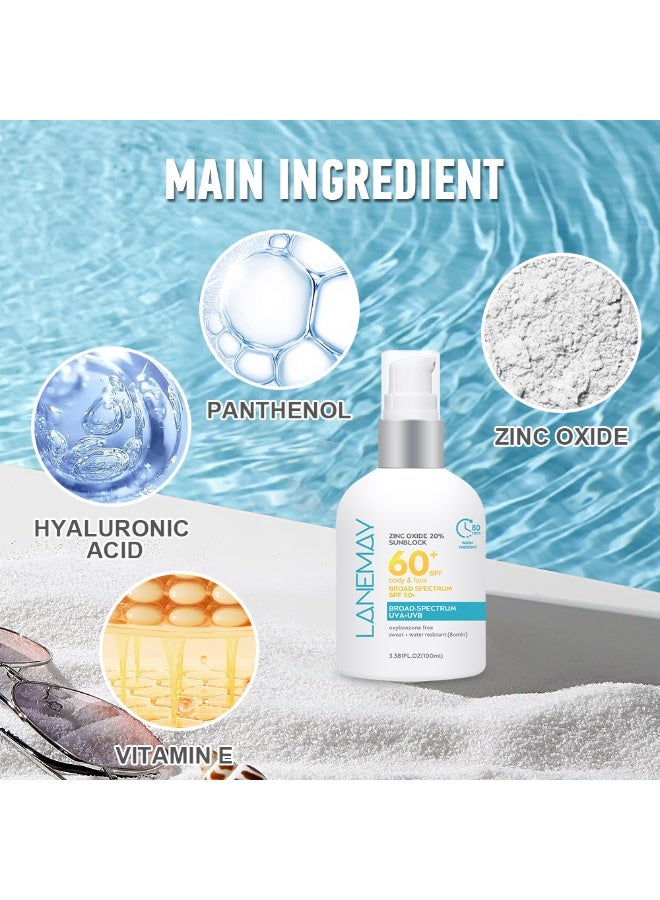لينماي واقي شمس  بأكسيد الزنك 20% بعامل حماية 60+ SPF | واقي شمس معدني للوجه والجسم مع حماية واسعة النطاق من الأشعة فوق البنفسجية UVA/UVB | مقاوم للماء لمدة 80 دقيقة | تركيبة خفيفة الوزن غير دهنية - Image 3