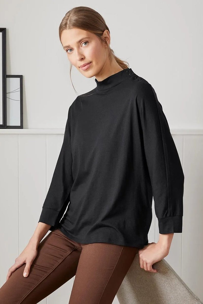 Tchibo Women Mock Neck Bat Sleeves Plain Tops, Black - Image 1