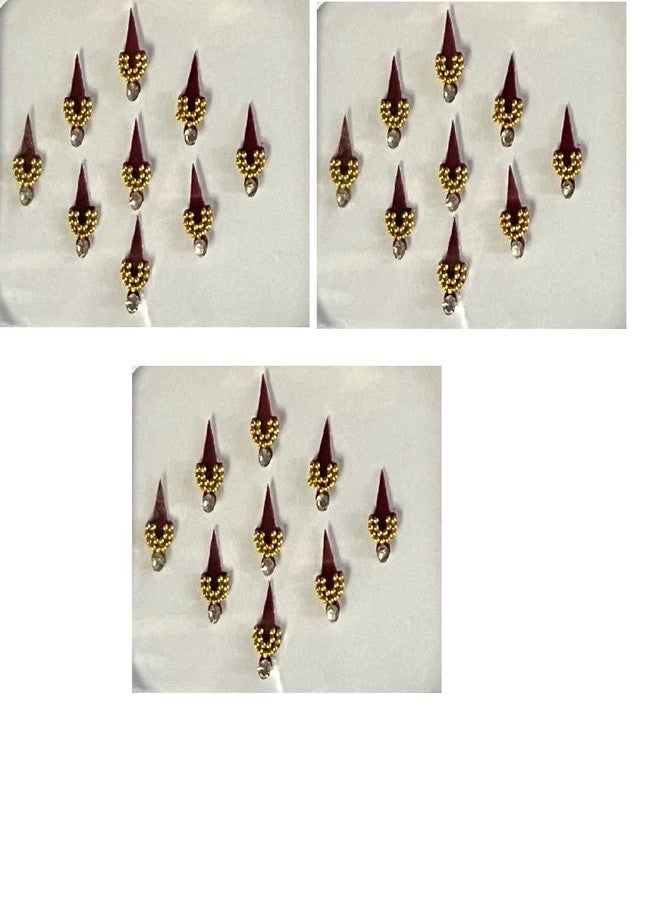 OJ Golden Drop Shape 2 line Moti Stone Bindi Kumkum Sindoor Bindiya Tika Tilak Sticker Bridal Bindis Wedding Occasional SimpleForehead For Girls & Womens-Size 5 Pack Of 3