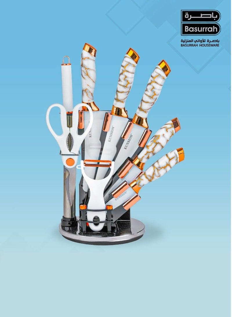 BASURRAH 9 Piece Stainless Steel Kitchen Knife Set with Peeler and Scissors with Stand - Image 1