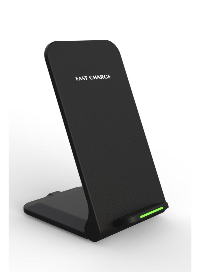 Foldable Fast Wireless Charger Stand - 15W Qi-Certified Universal Vertical Charging Base for iPhone, Samsung & Android - Adjustable Desktop Phone Holder - Black - Image 1