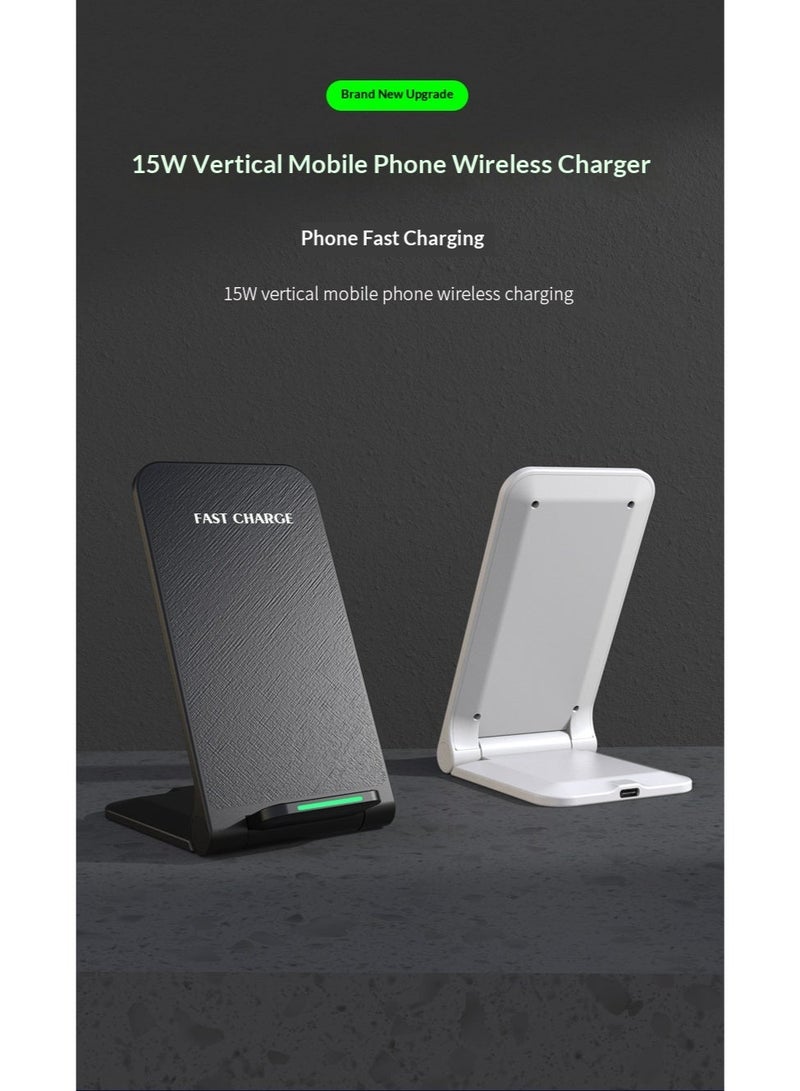 Foldable Fast Wireless Charger Stand - 15W Qi-Certified Universal Vertical Charging Base for iPhone, Samsung & Android - Adjustable Desktop Phone Holder - Black - Image 3