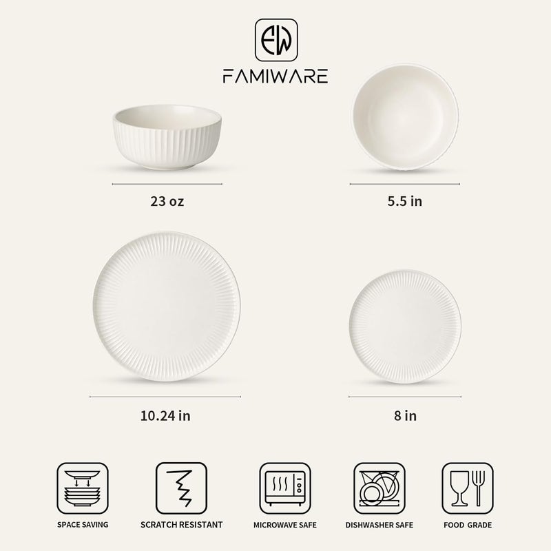 Famiware Starlight Dinnerware Sets Plates and Bowls Dish Set of 4 12 Pieces Ribbed Textured Stoneware Tableware  Dishwasher  Microwave Safe Chip Resistant Reactive Glaze Matte Reactive White - Image 2
