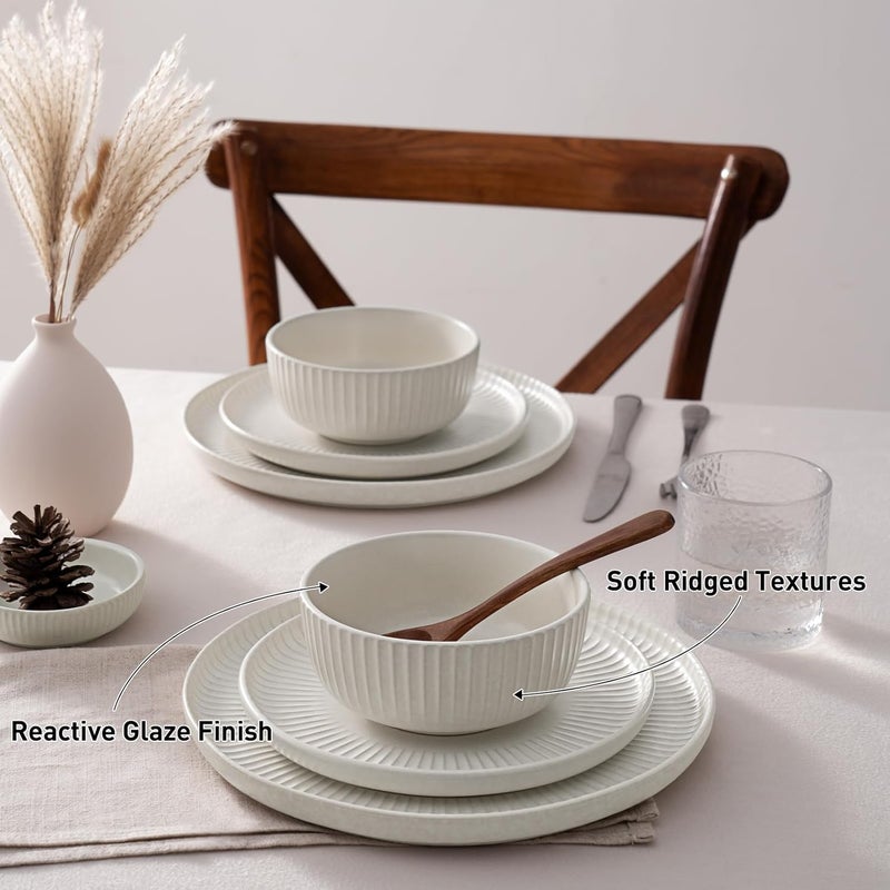 Famiware Starlight Dinnerware Sets Plates and Bowls Dish Set of 4 12 Pieces Ribbed Textured Stoneware Tableware  Dishwasher  Microwave Safe Chip Resistant Reactive Glaze Matte Reactive White - Image 3