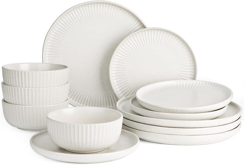 Famiware Starlight Dinnerware Sets Plates and Bowls Dish Set of 4 12 Pieces Ribbed Textured Stoneware Tableware  Dishwasher  Microwave Safe Chip Resistant Reactive Glaze Matte Reactive White - Image 1