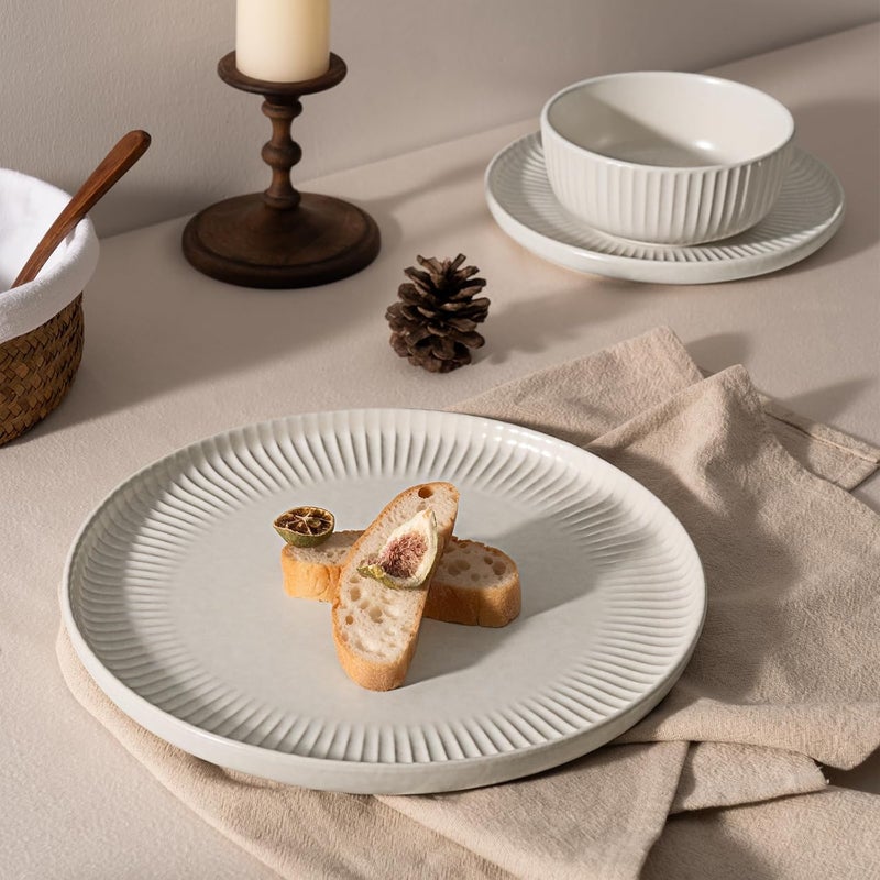 Famiware Starlight Dinnerware Sets Plates and Bowls Dish Set of 4 12 Pieces Ribbed Textured Stoneware Tableware  Dishwasher  Microwave Safe Chip Resistant Reactive Glaze Matte Reactive White - Image 5