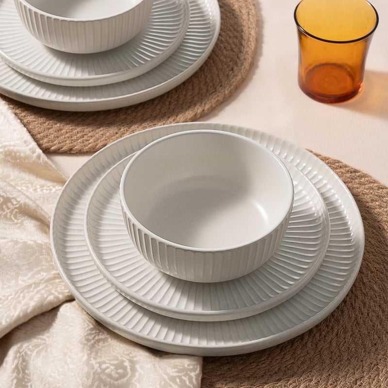 Famiware Starlight Dinnerware Sets Plates and Bowls Dish Set of 4 12 Pieces Ribbed Textured Stoneware Tableware  Dishwasher  Microwave Safe Chip Resistant Reactive Glaze Matte Reactive White - Image 4