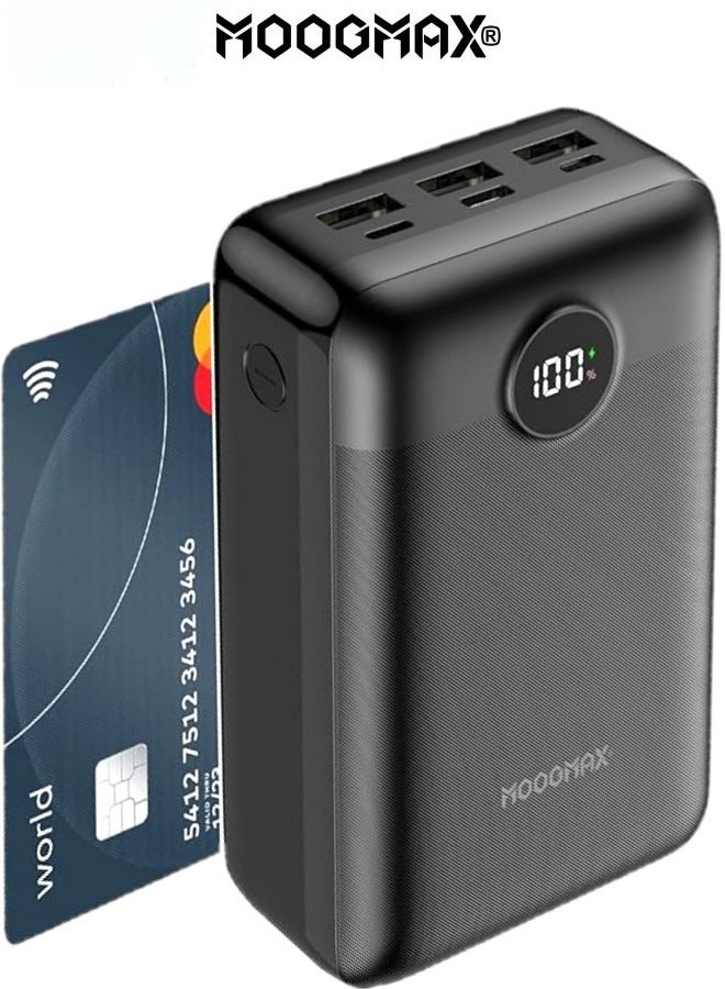 MOOGMAX power bank 30000mah Super Small Pocket small like a card. 30000mAh powerbank with 45W charging power distributed across the ports. power bank fast charging with six charging ports (Type C charger, 1*Lightning, 3*USB charger, &1*Micro). Portable charger can be carried on flights. Charging battery with a digital display. Charger iPhone, Samsung, Honor, & even charges a laptop and other supported devices. In black from Moogmax. - Image 1